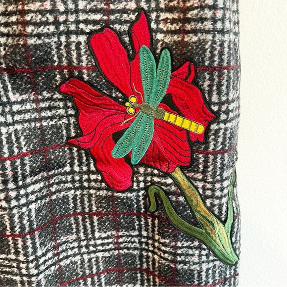 Philosophy Wool Plaid Midi Skirt Red Flower Appliqués - Picture 7 of 10
